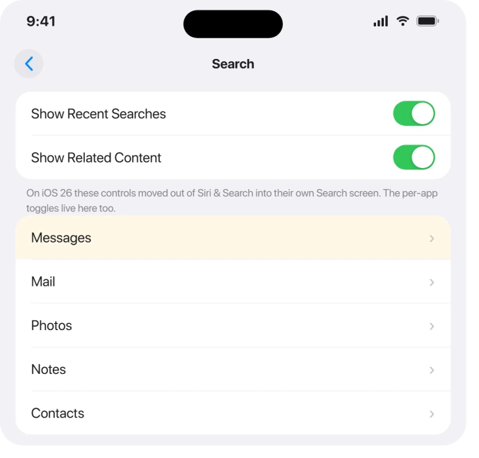 The new iOS 26 Settings Search screen with per-app rows
