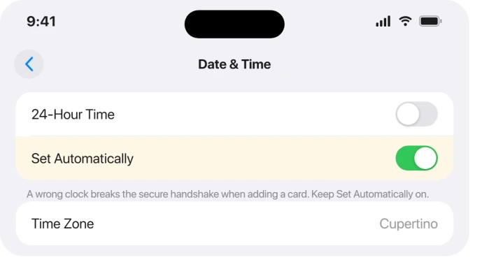 Date and Time settings with Set Automatically turned on