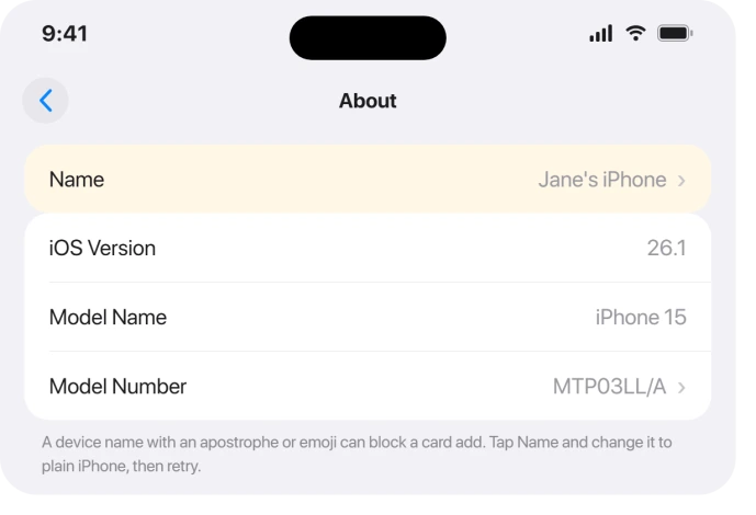 Settings General About showing the device Name field