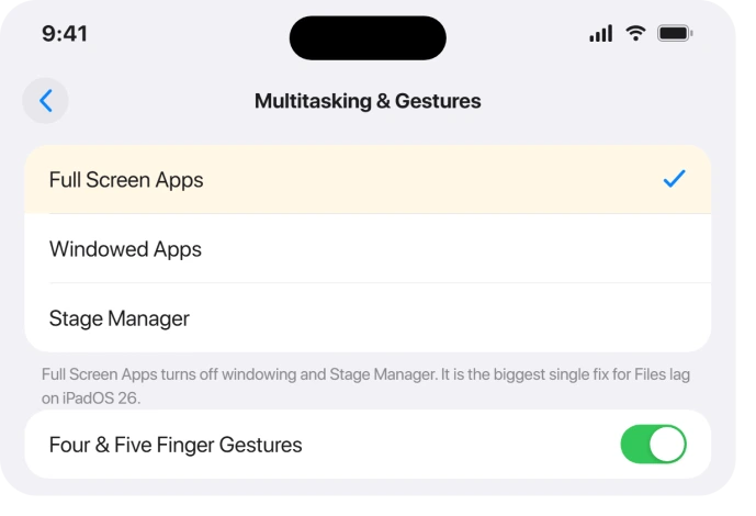 iPad Multitasking and Gestures set to Full Screen Apps