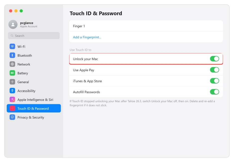 macOS Touch ID and Password settings with Unlock your Mac