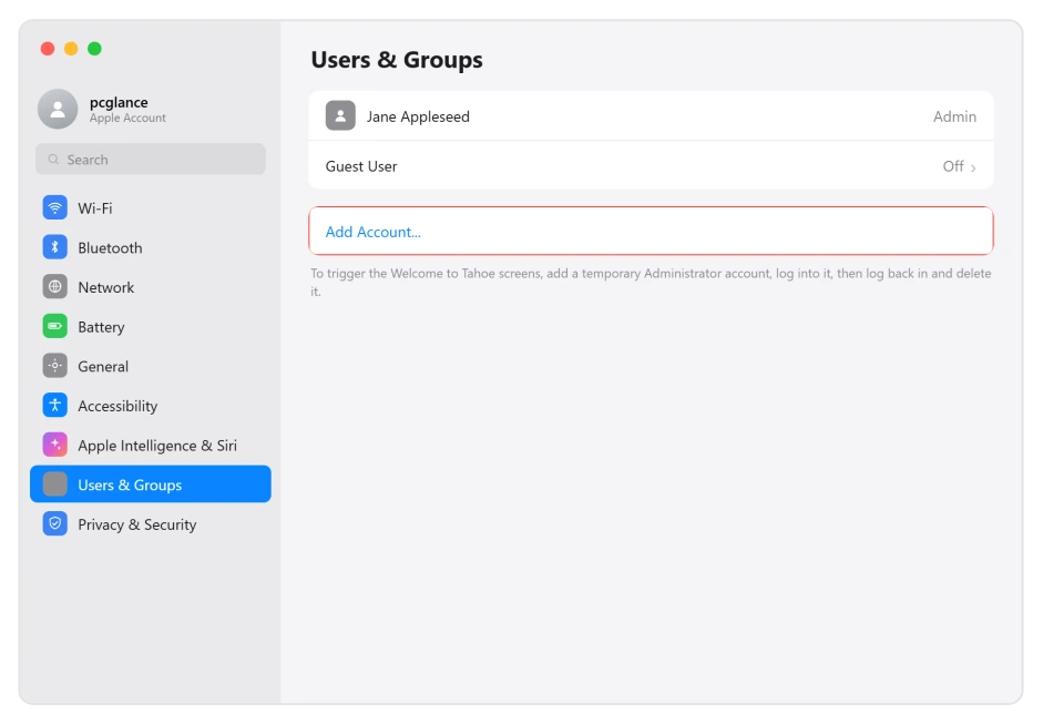 macOS Users and Groups with an Add Account button