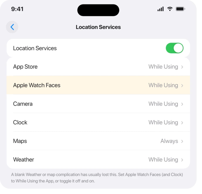 iPhone Location Services list showing Apple Watch Faces