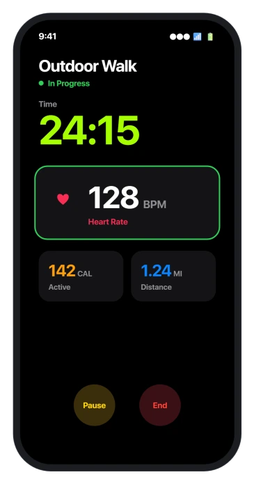 Fitness app workout showing a live heart rate