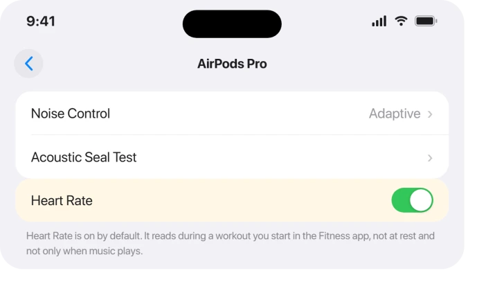 AirPods settings with the Heart Rate switch on