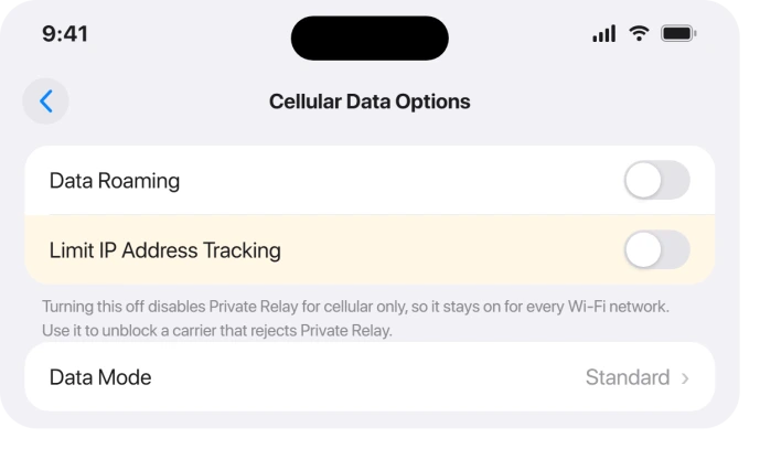 Cellular Data Options with Limit IP Address Tracking