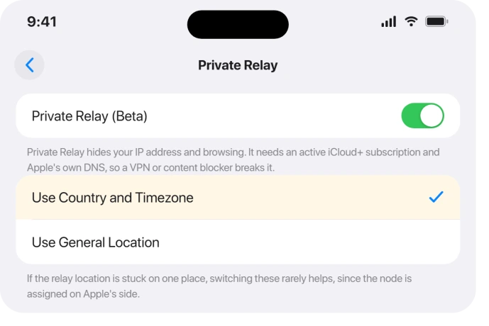 The iCloud Private Relay screen with its location options
