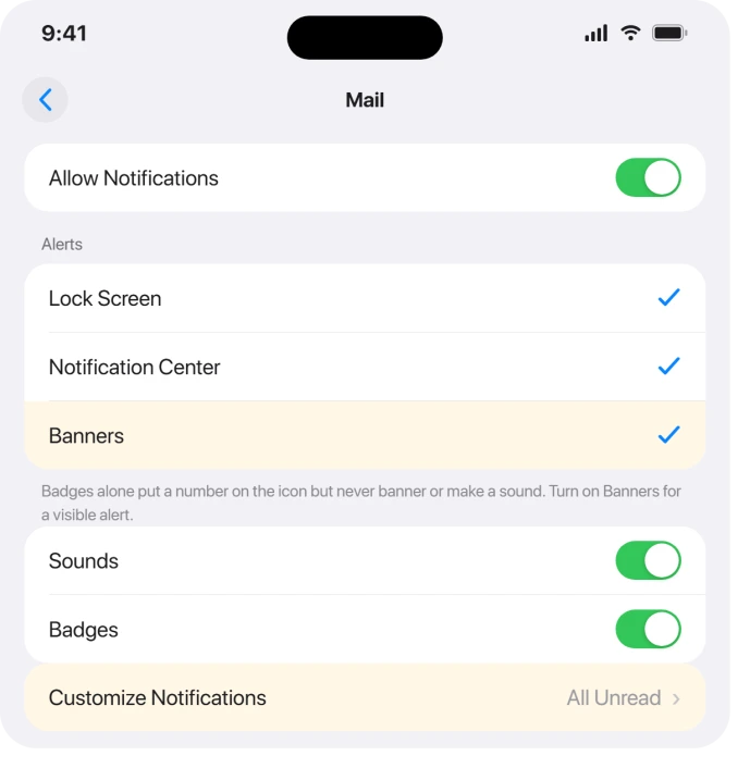 Mail notification settings with Banners and All Unread Messages on