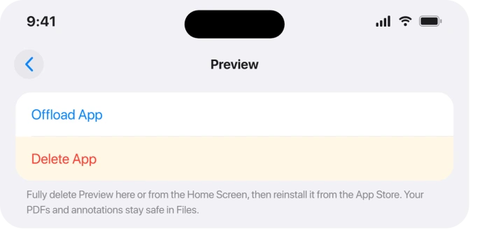 The Preview app storage screen with Delete App
