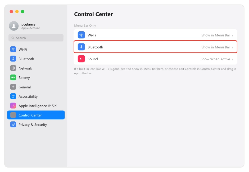 macOS System Settings Control Center pane with Show in Menu Bar options