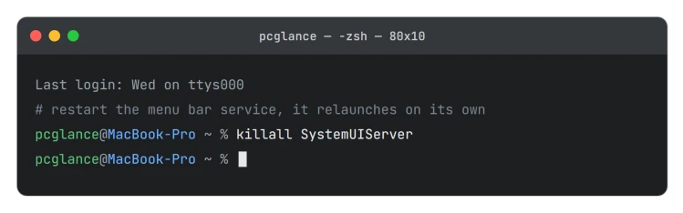 A Terminal window running killall SystemUIServer