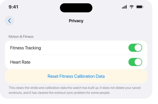 iPhone Watch app Privacy screen with the Reset Fitness Calibration Data option