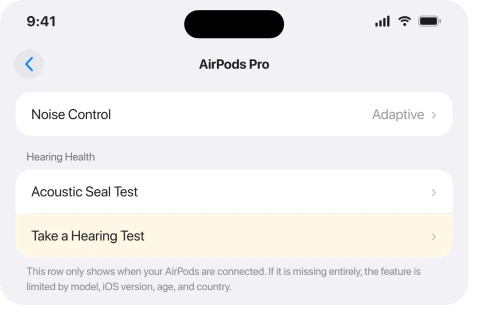 AirPods Pro settings screen on iOS 26 with the Take a Hearing Test option