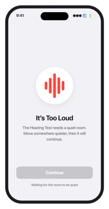 The AirPods hearing test paused with an It's Too Loud message