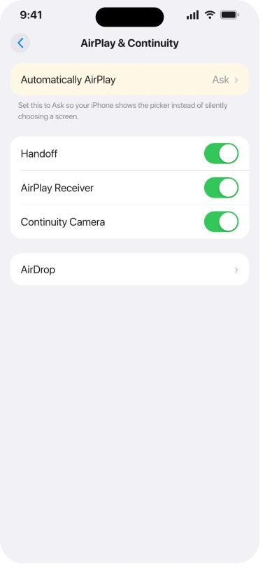 iPhone AirPlay and Continuity settings on iOS 26