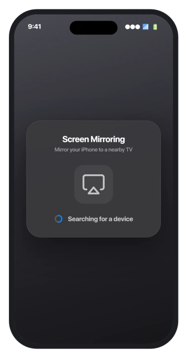 The iOS 26 Screen Mirroring panel searching for a device to connect to