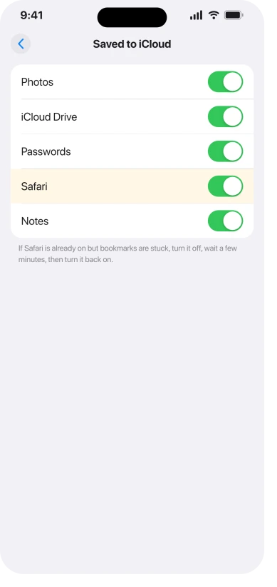 iPhone iCloud settings on iOS 26 with the Safari sync switch turned on