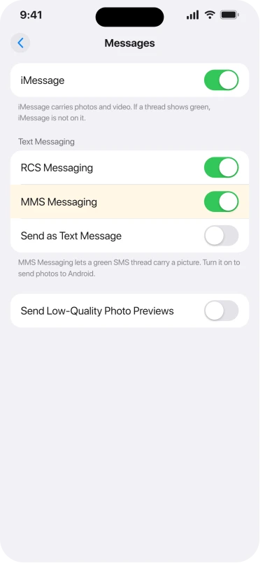iOS 26 Messages settings under Settings, Apps, Messages with iMessage and MMS on