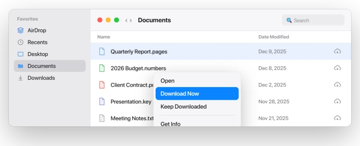 macOS Finder showing Documents files stored only in iCloud with the Download Now menu