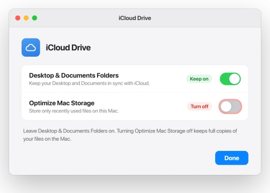 macOS System Settings iCloud Drive pane with Optimize Mac Storage being turned off