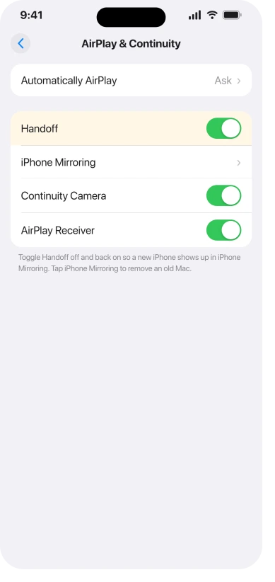 iPhone AirPlay and Continuity settings with the Handoff switch and iPhone Mirroring