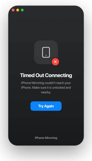 The iPhone Mirroring app on a Mac showing a Timed Out Connecting error