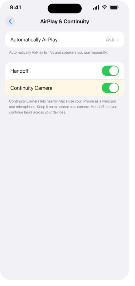 iPhone AirPlay and Continuity settings with the Continuity Camera switch turned on