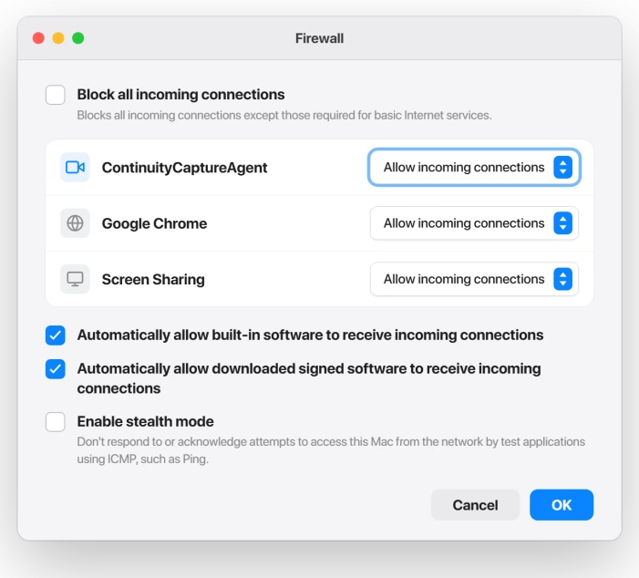 macOS Firewall Options window showing ContinuityCaptureAgent set to Allow incoming connections