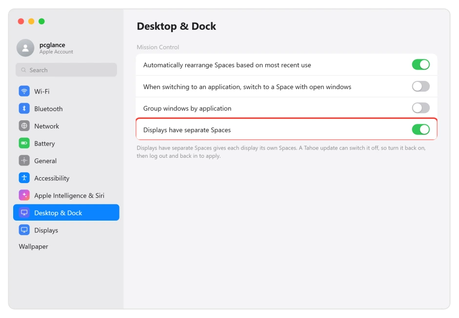 macOS Desktop and Dock settings showing the Mission Control section with Displays have separate Spaces turned on