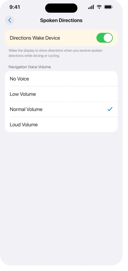 iPhone Maps Spoken Directions settings with Directions Wake Device turned on