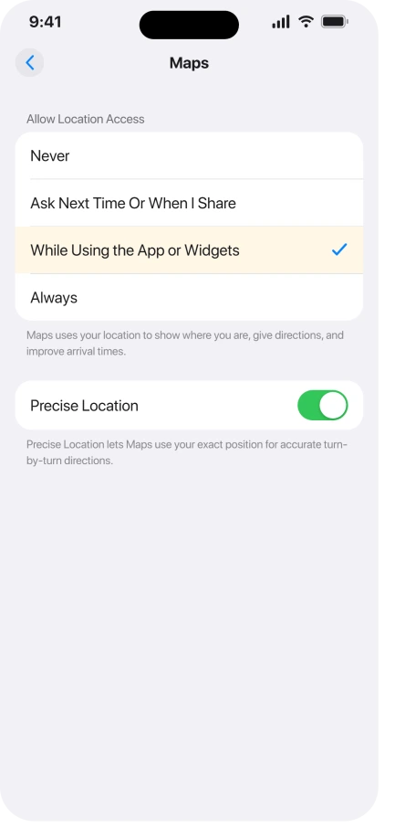 iPhone Location Services settings for Maps set to While Using the App with Precise Location on