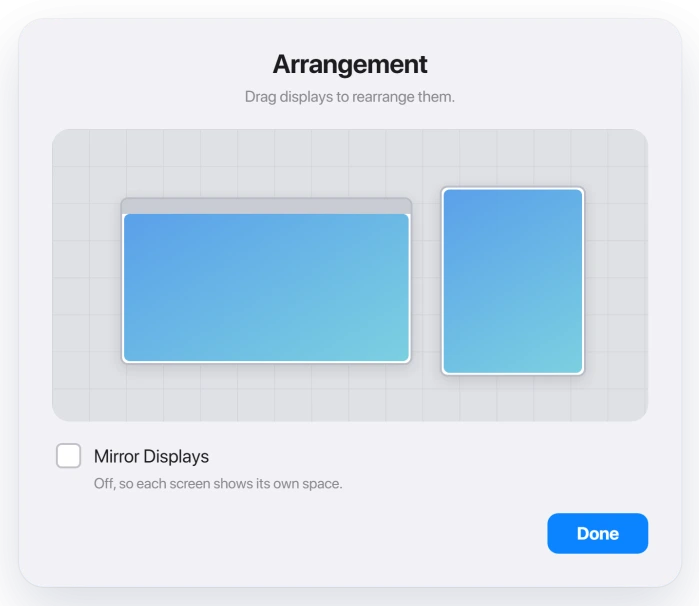iPad Display and Brightness Arrangement screen with Mirror Displays turned off and two displays side by side