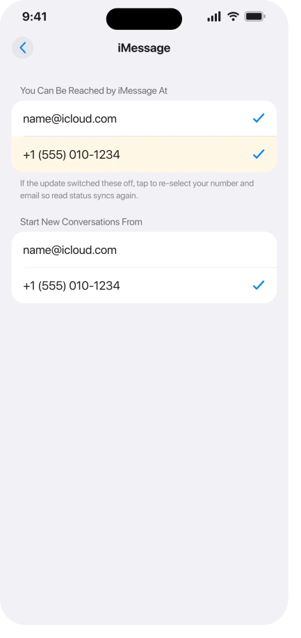 iPhone iMessage Send and Receive settings with the phone number and Apple Account email selected