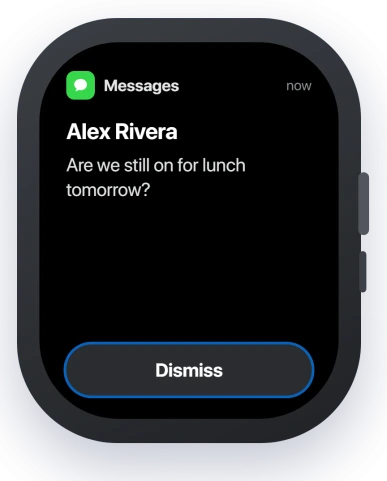 An Apple Watch message notification with the Dismiss button at the bottom of the screen