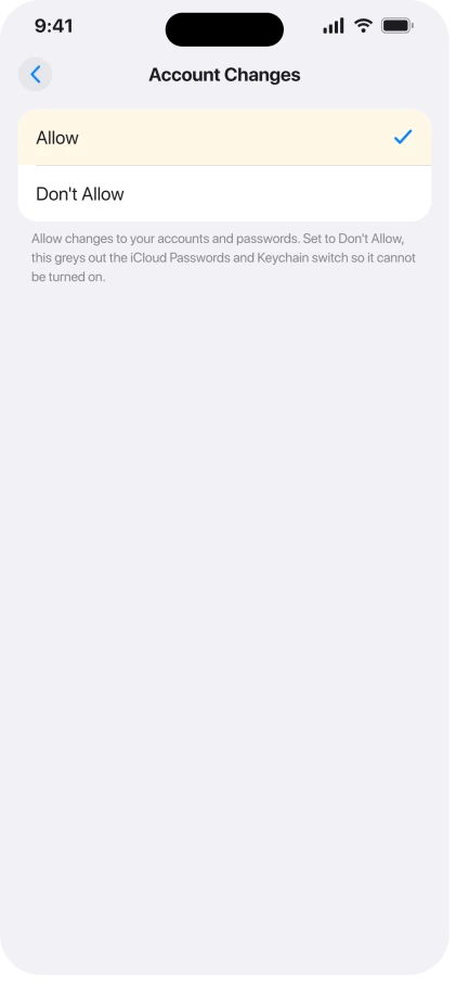 iPhone Screen Time Content and Privacy Restrictions with Account Changes set to Allow