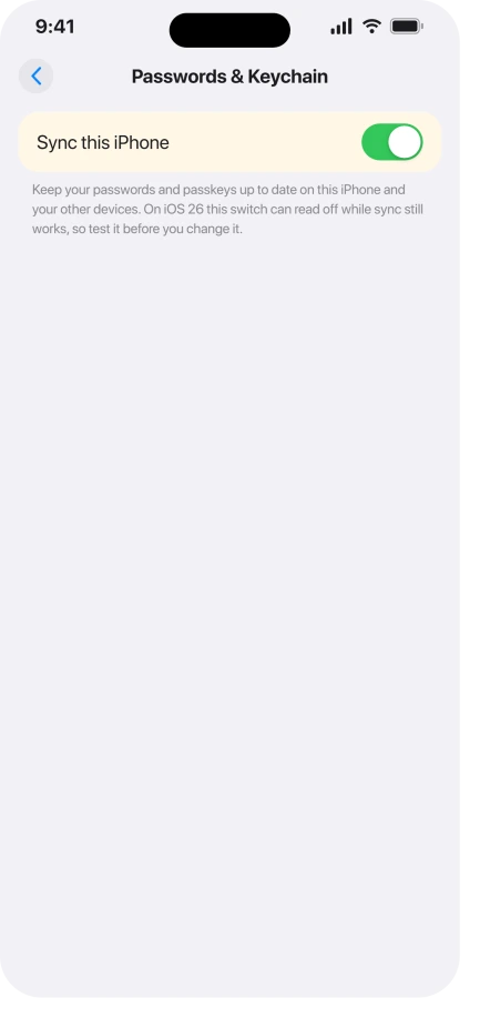 iPhone iCloud Passwords and Keychain settings with the Sync this iPhone switch turned on