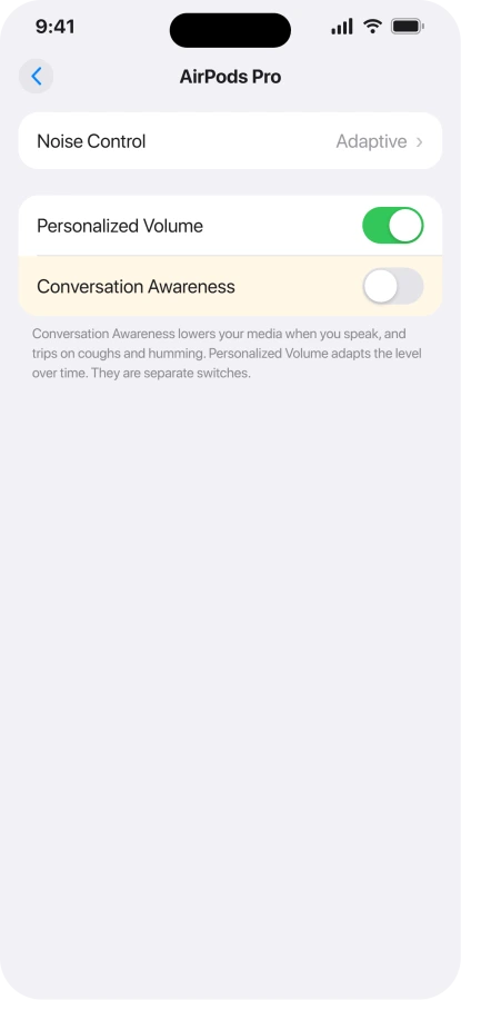 iPhone AirPods settings with Conversation Awareness turned off, next to Personalized Volume and Noise Control