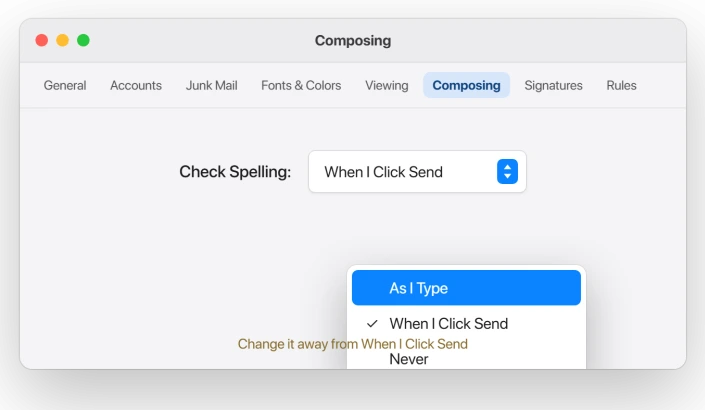 Mail Composing settings on Mac with the Check Spelling menu set away from When I Click Send