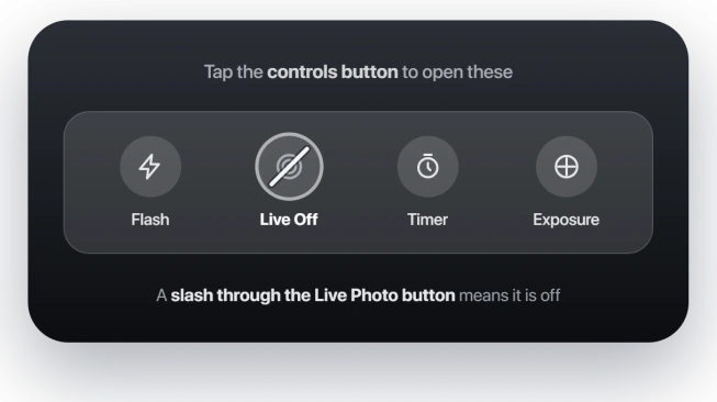 The iOS 26 Camera controls with the Live Photo button slashed and turned off
