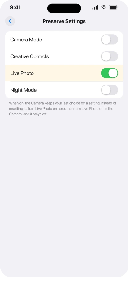 iPhone Camera Preserve Settings with the Live Photo switch turned on