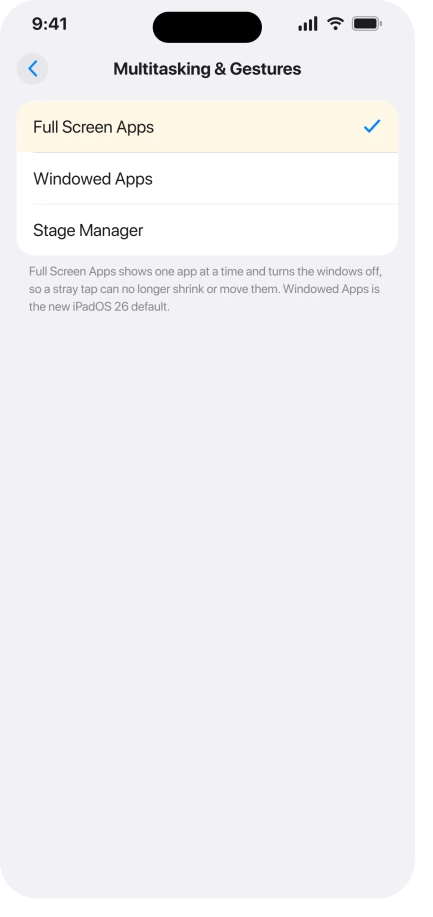 iPad Multitasking and Gestures settings with Full Screen Apps selected