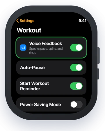 Apple Watch Settings, Workout screen with Voice Feedback turned on