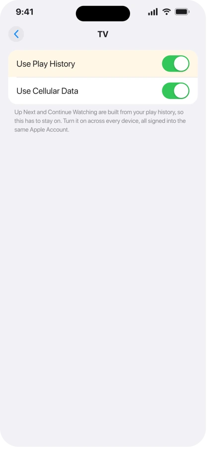 iPhone TV settings with Use Play History turned on