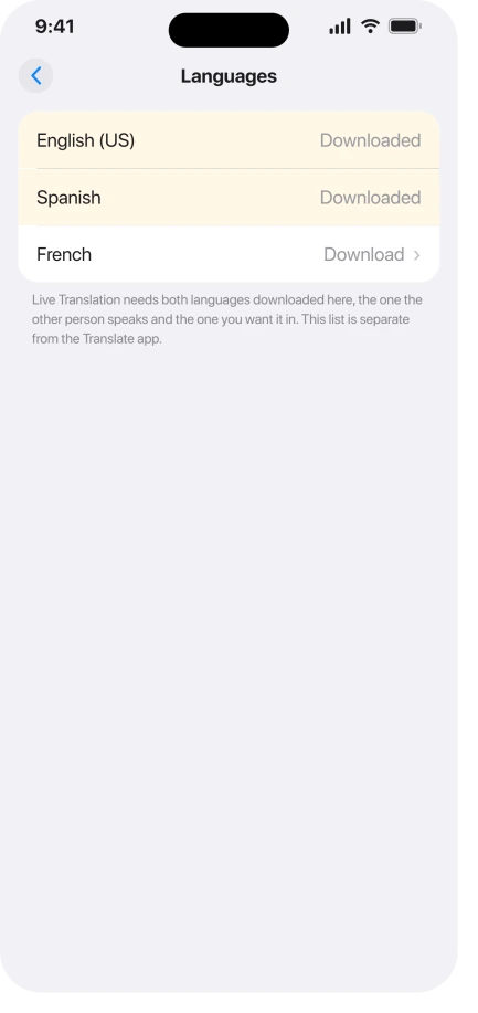 Settings screen for downloading AirPods translation languages