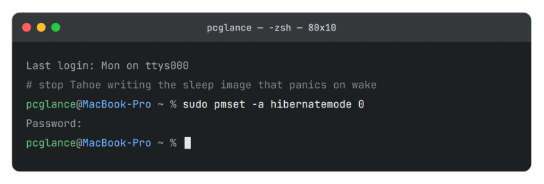 macOS Terminal running sudo pmset with hibernatemode set to 0