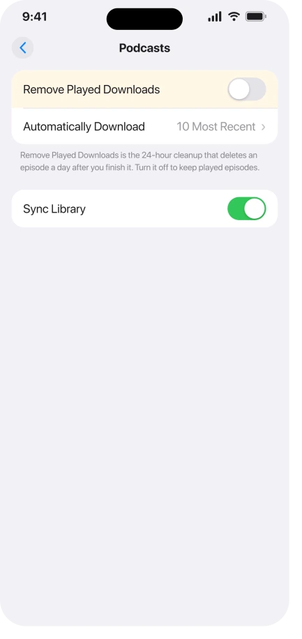 iPhone Podcasts settings with Remove Played Downloads turned off