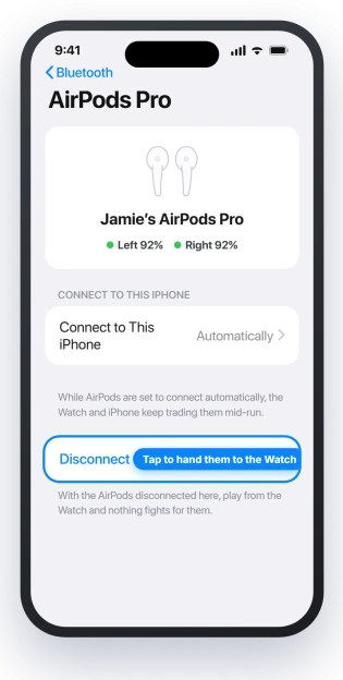 iPhone Bluetooth settings showing the Disconnect option for AirPods so they pair to the Apple Watch alone