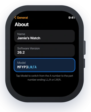 Apple Watch Settings, General, About screen with the Model row tapped to show a part number ending in LW/A