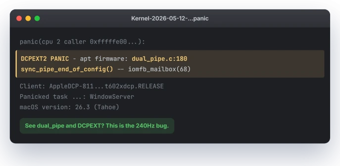 A macOS kernel panic report with the DCPEXT2 PANIC dual_pipe line highlighted as the signature of the 240Hz display bug
