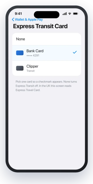 iPhone Settings, Wallet and Apple Pay, Express Transit Card screen with one bank card selected and a checkmark